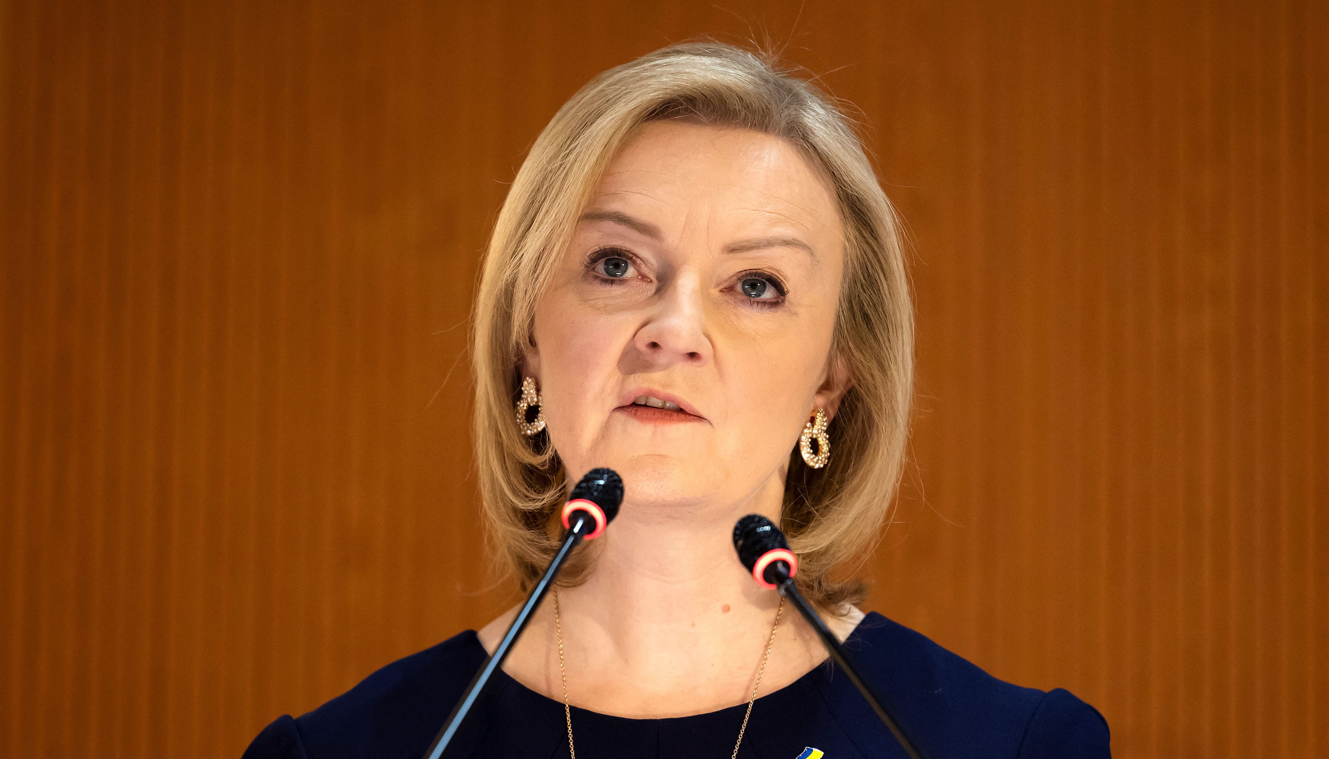 British Foreign Secretary Liz Truss delivers her statement during the 49th session of the UN Human Rights Council at the European headquarters of the United Nations in Geneva, Switzerland March 1, 2022.