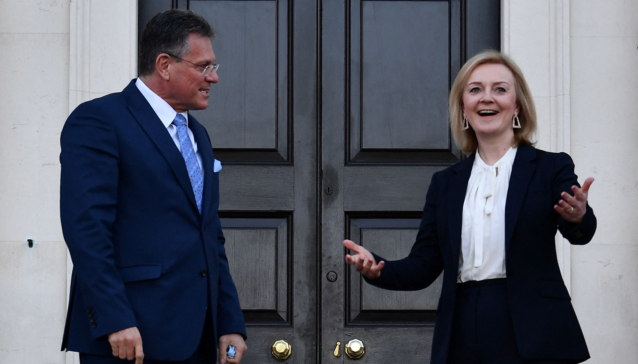British Foreign Secretary Liz Truss greets European Commission Vice-President Maros Sefcovic