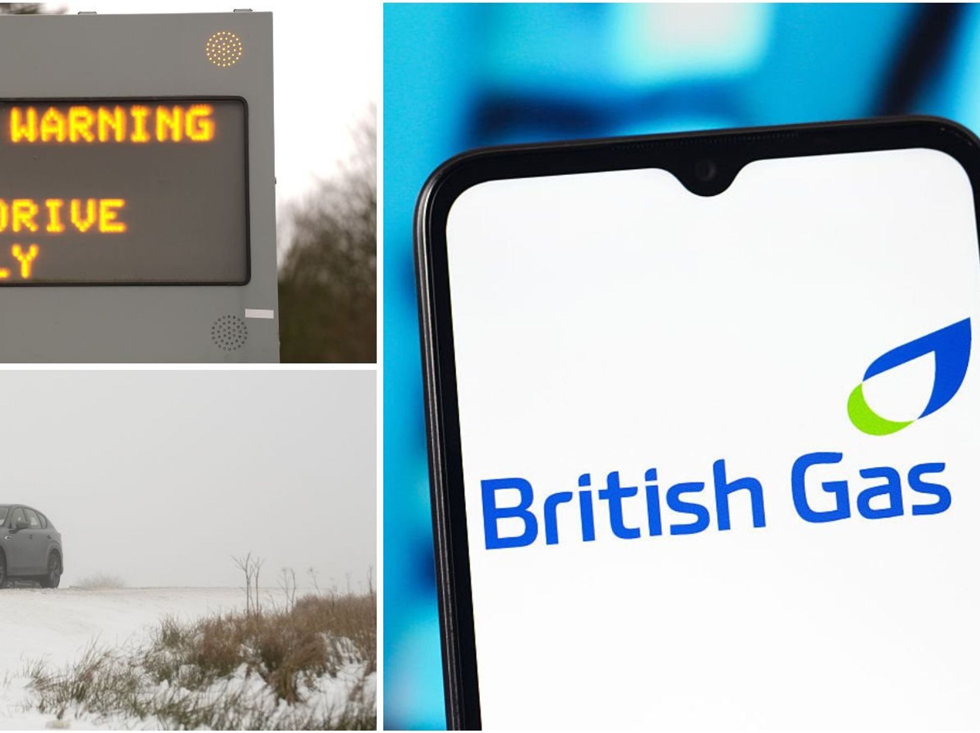 British Gas logo, weather warning sign, cold weather