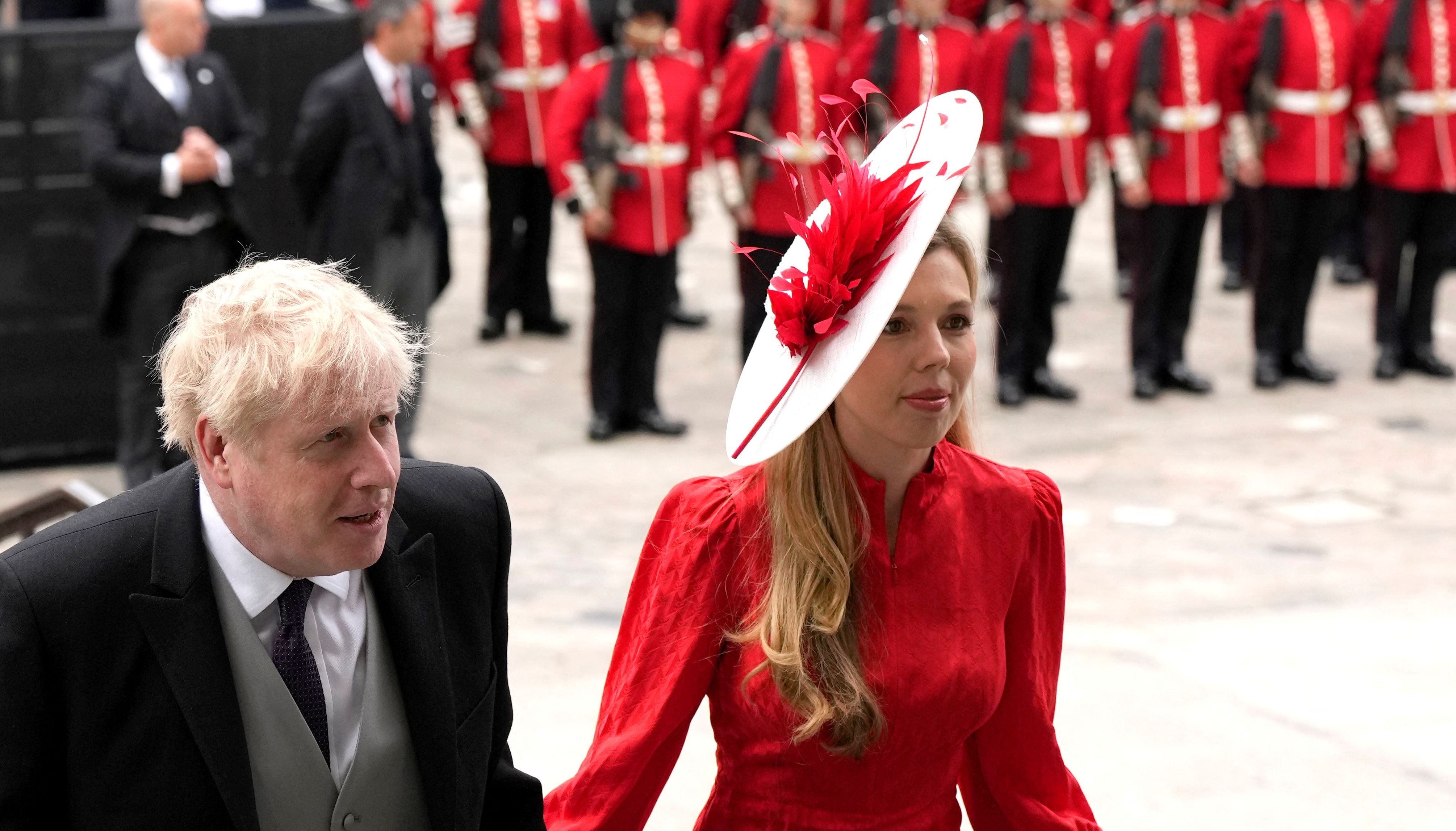 British Prime Minister Boris Johnson and his wife Carrie Symonds arrive for the National Service of Thanksgiving held at St Paul's Cathedral during the Queen's Platinum Jubilee celebrations in London, Britain, June 3, 2022. Matt Dunham/Pool via REUTERS