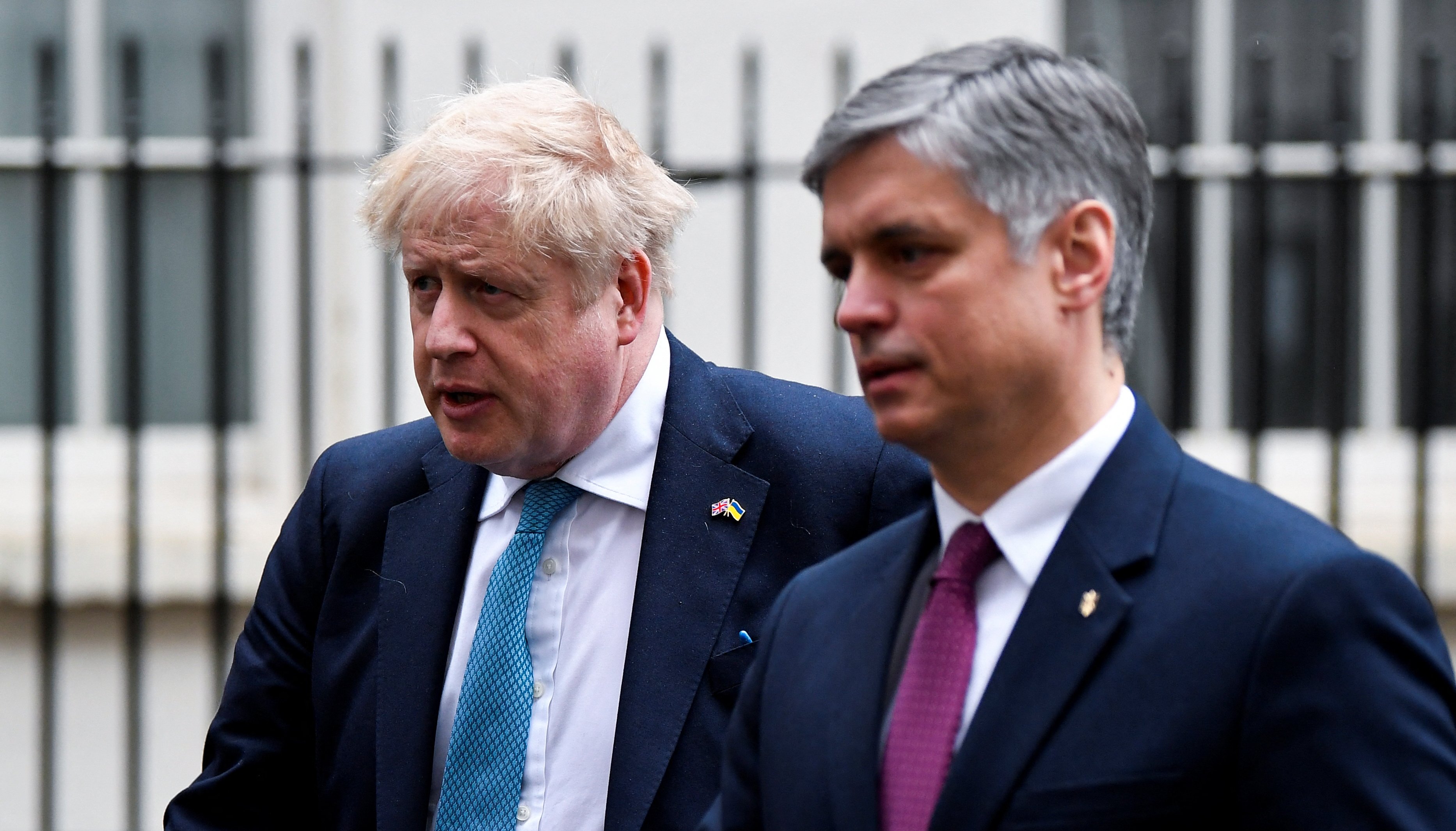 British Prime Minister Boris Johnson leaves 10 Downing Street with Ukraine's Ambassador to the United Kingdom Vadym Prystaiko ahead of Johnson attending Prime Minister's Questions in London, Britain.