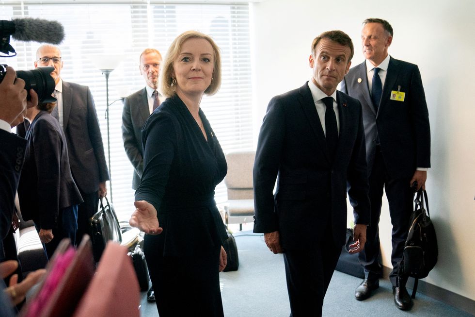 British Prime Minister Liz Truss holds a bilateral meeting with French President Emmanuel Macron, at the United Nations (UN) headquarters in New York, U.S., September 20, 2022. Stefan Rousseau/Pool via REUTERS