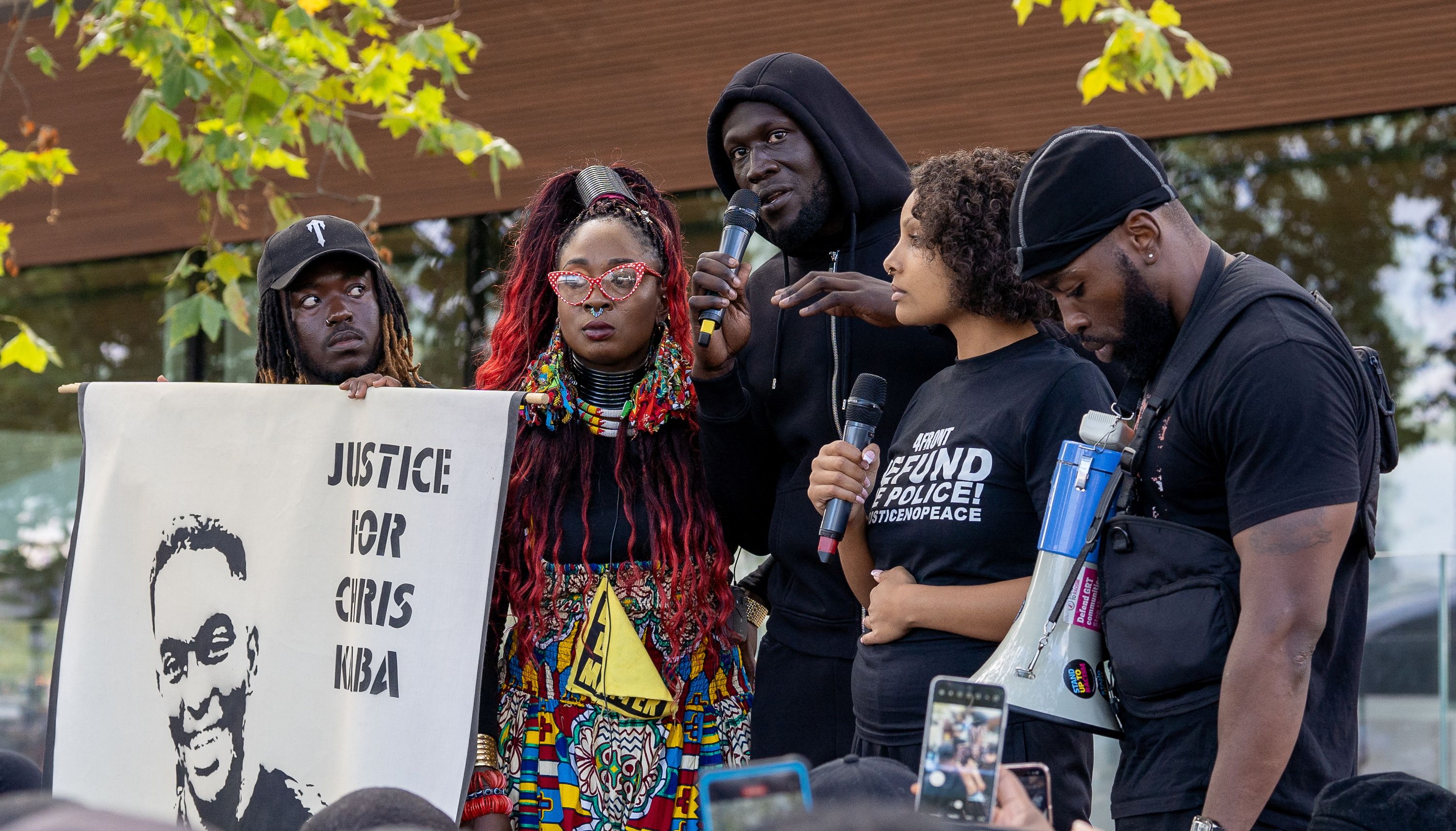 British rapper, singer and songwriter Stormzy speaks during Black Lives Matter protesters march from Parliament Square to New Scotland Yard in central London demanding justice for 24 year old Chris Kaba, who was shot dead by the police last week, London, Britain, September 10, 2022. REUTERS/Maja Smiejkowska