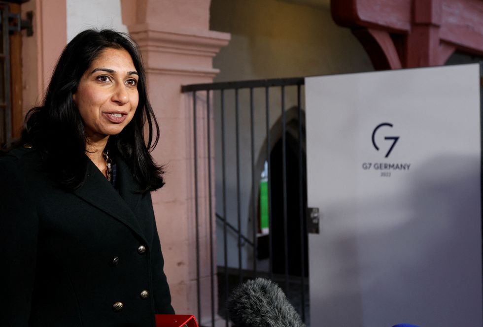 British Secretary of State for the Home Department Suella Braverman attends an interview before the first working session of the G7 interior ministers meeting at Eberbach Abbey monastery near Wiesbaden, Germany November 17, 2022. REUTERS/Heiko Becker