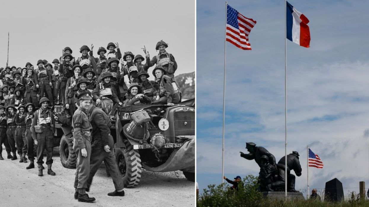 British troops and US and French flags