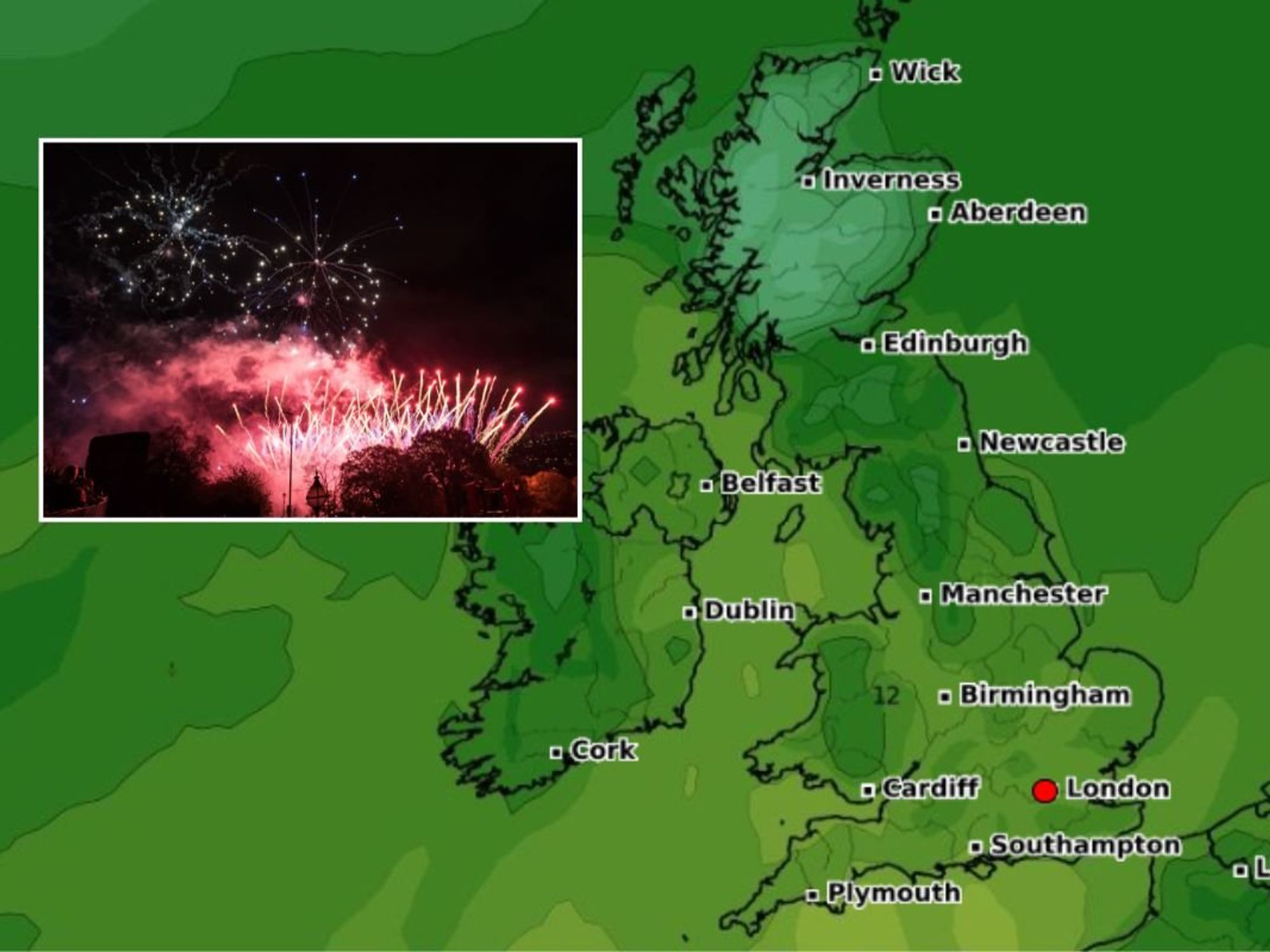 British weather forecast / Fireworks over the Alexandra Palace, London