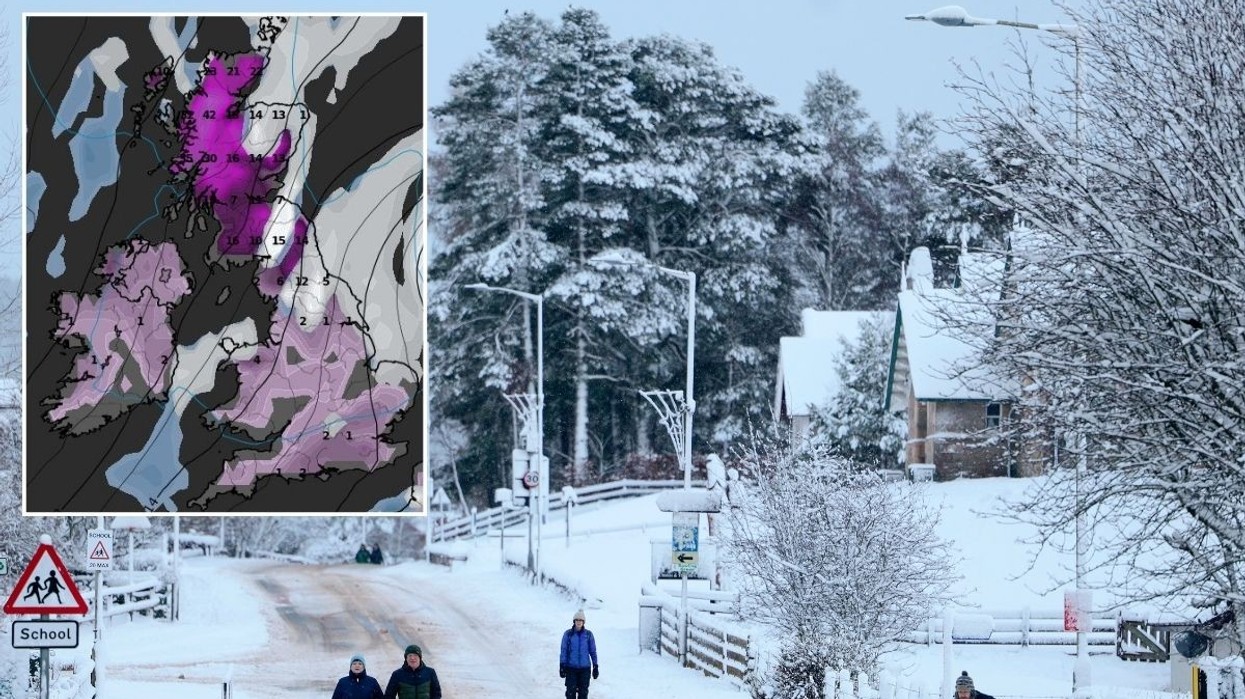 Britons in the snow with an inset of WXCHARTS