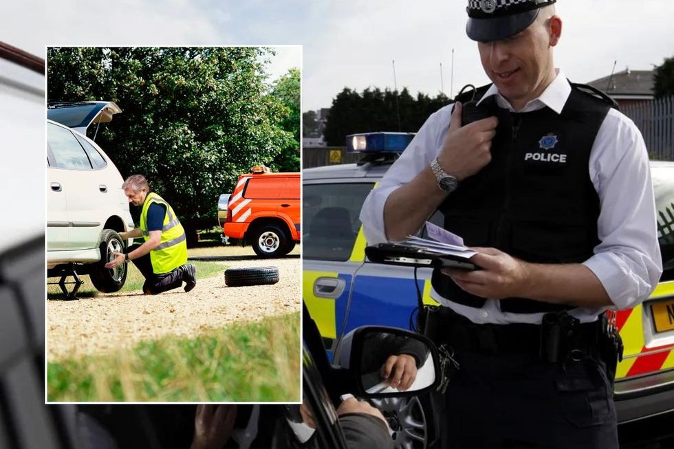 Broken down car and a police officer