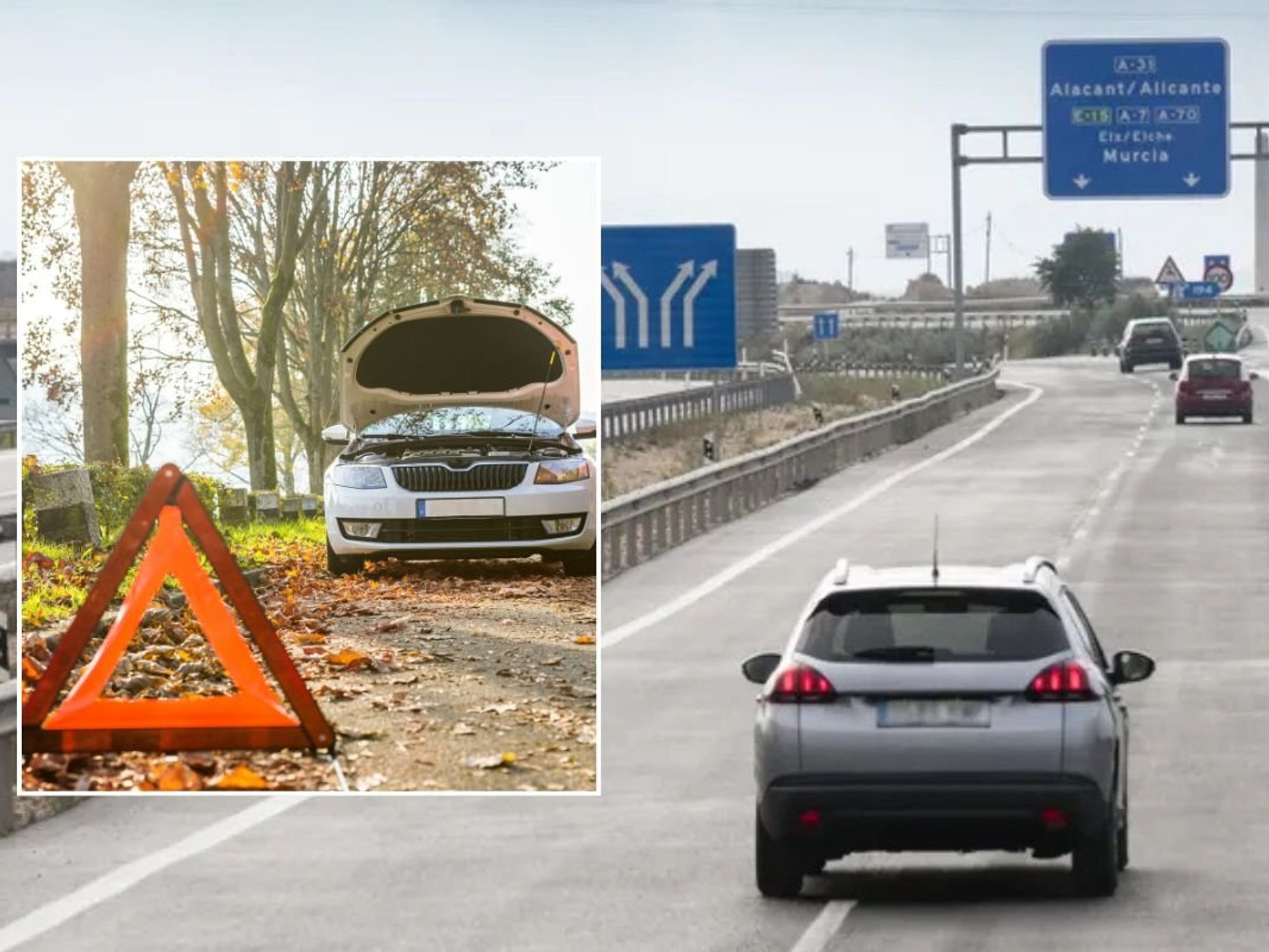 Broken down car and cars driving in Spain