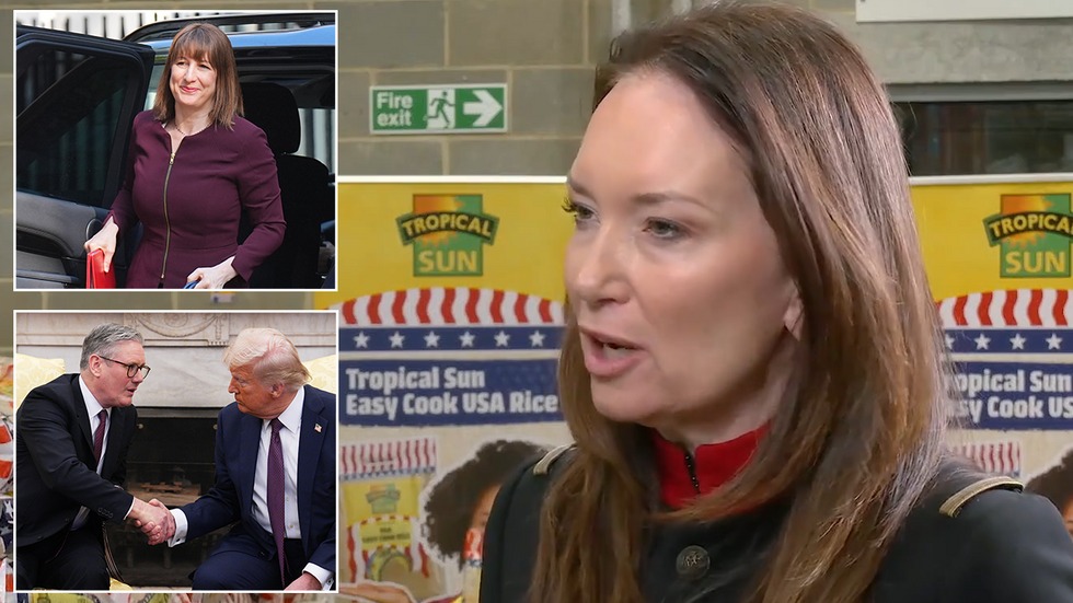 Brooke Rollins with inset images of Rachel Reeves and Keir Starmer with Donald Trump