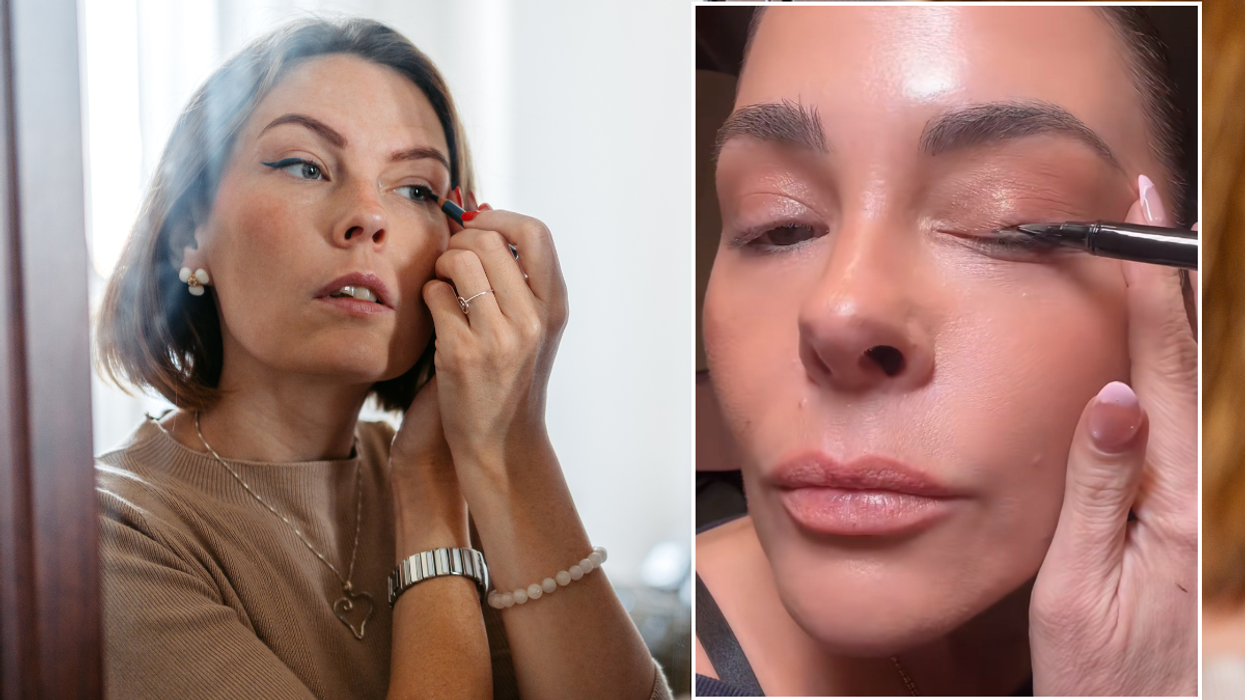 Brunette woman applying eyeliner in the mirror; Erica applying eyeliner