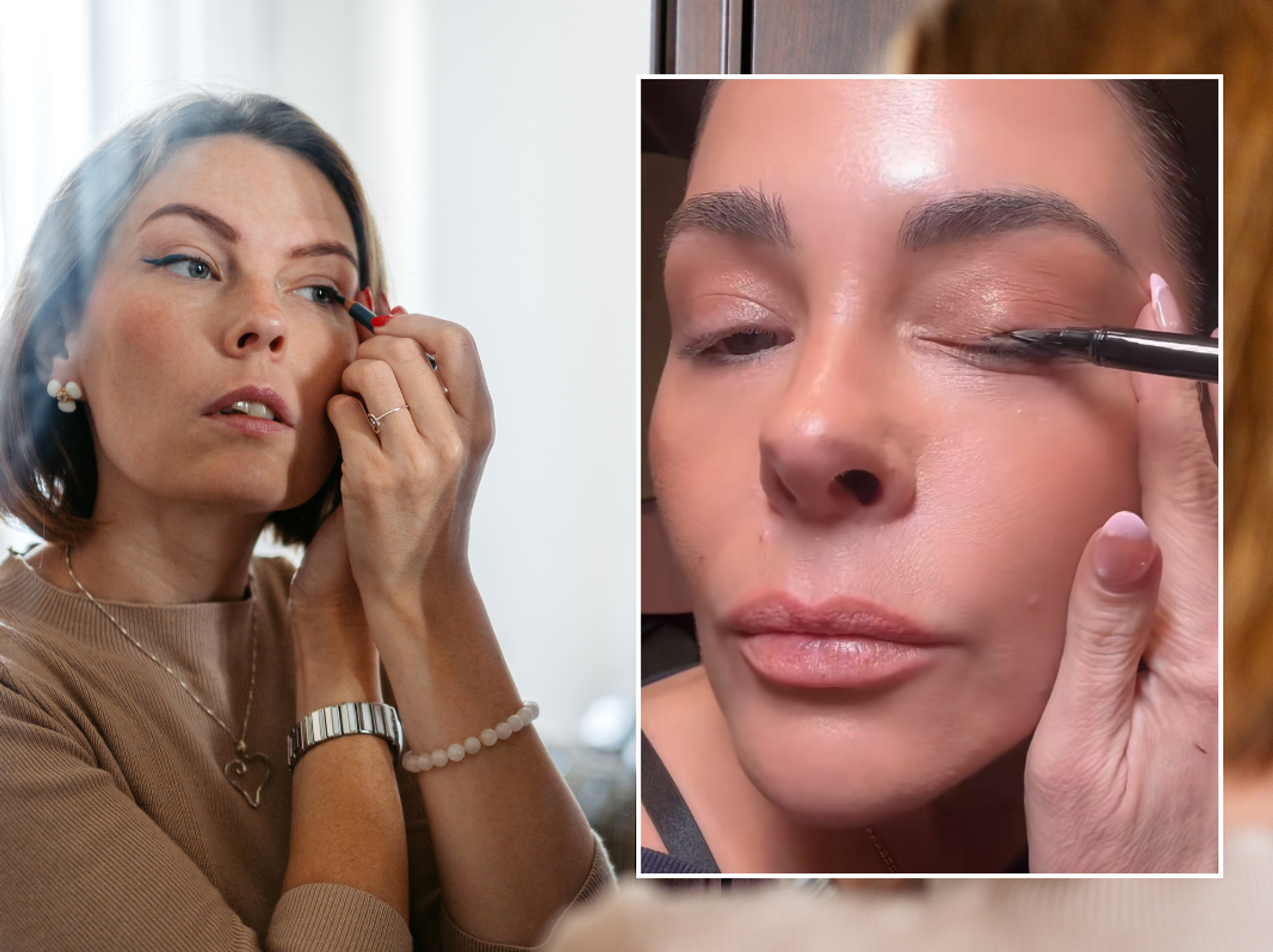 Brunette woman applying eyeliner in the mirror; Erica applying eyeliner