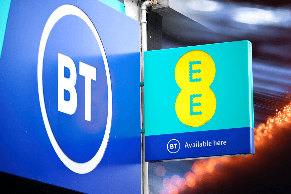 BT and EE logos on a high street store sign with an artists impression of broadband to the side