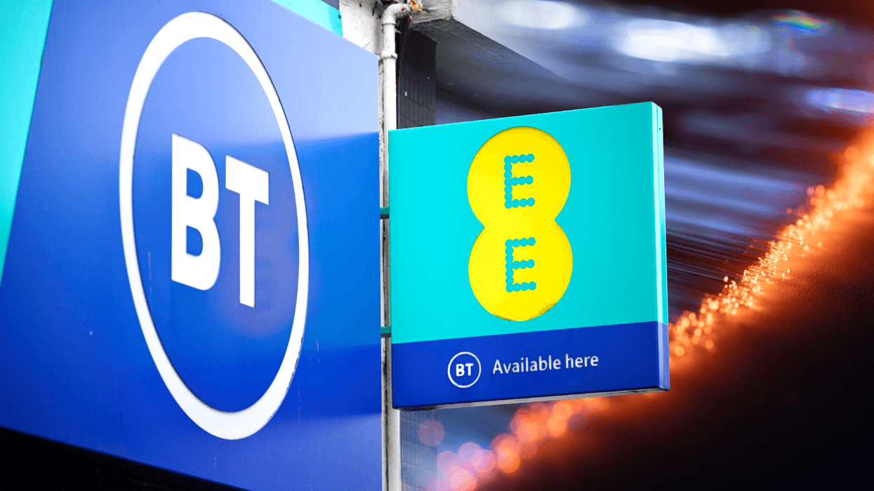 BT and EE logos on a high street store sign with an artists impression of broadband to the side