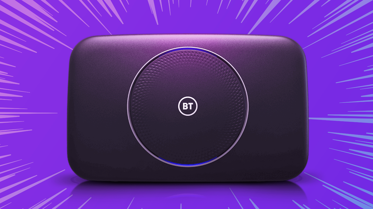 BT Smart Hub router pictured on a purple background with zoom lines in the background