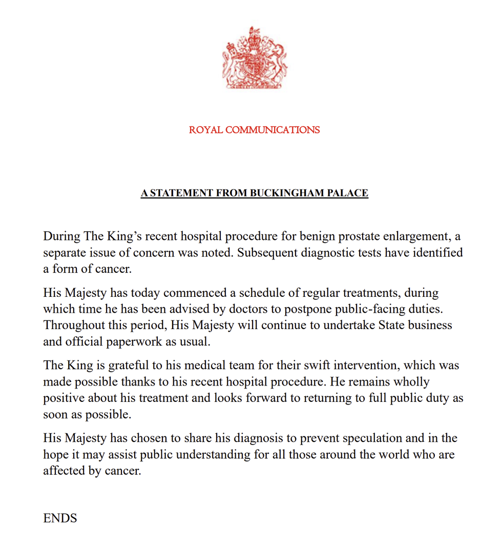 Buckingham Palace's full statement on King Charles' cancer diagnosis