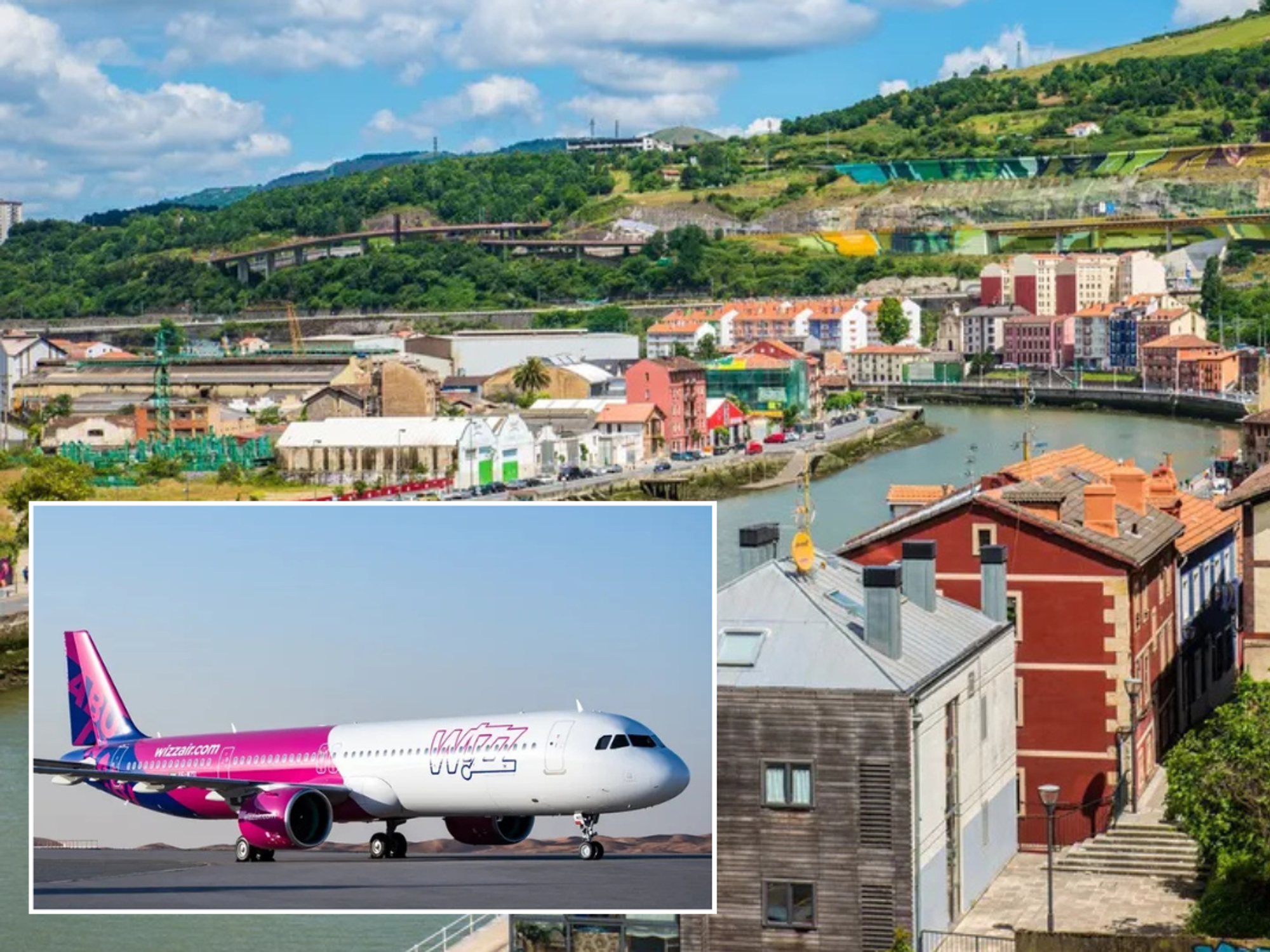 Buildings in Bilbao, Spain / Wizz Air plane