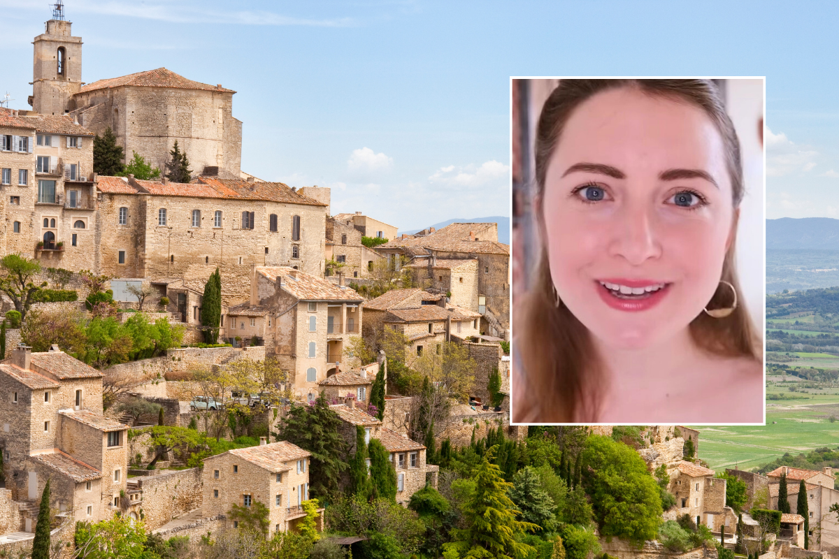 Buildings on mountain in France / woman's face