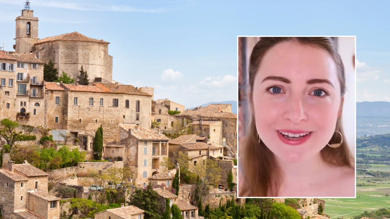 Buildings on mountain in France / woman's face