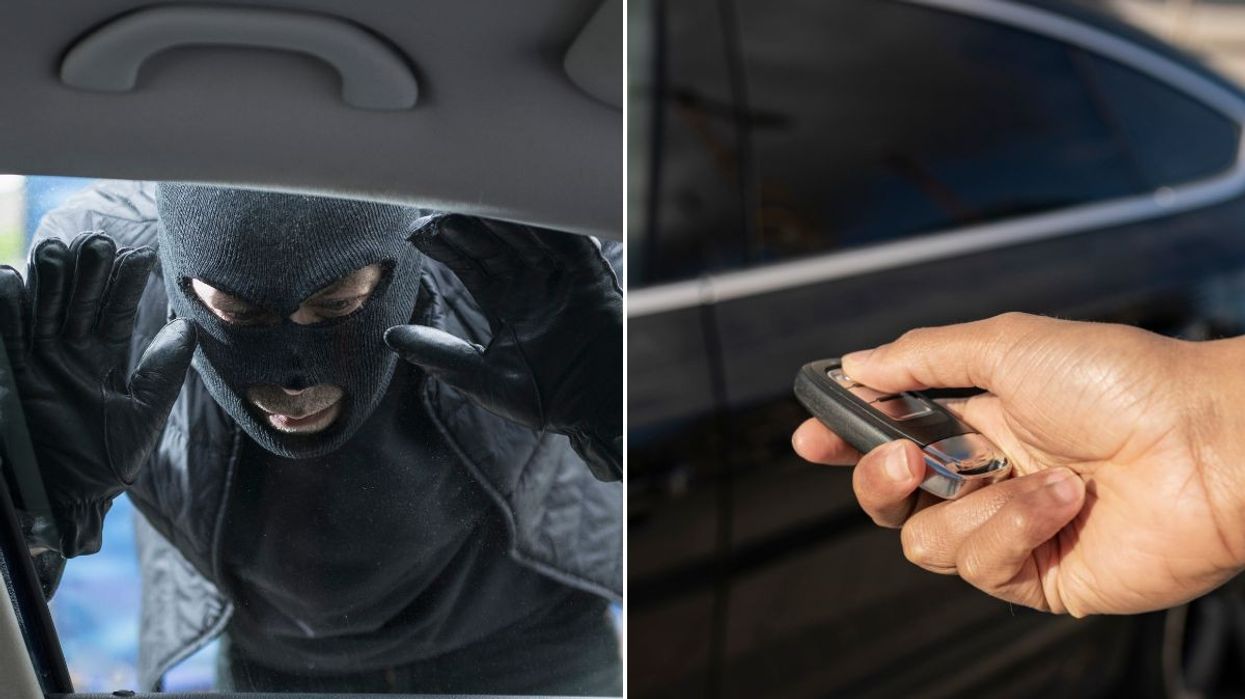 Burglar looking into a car window and a keyless car