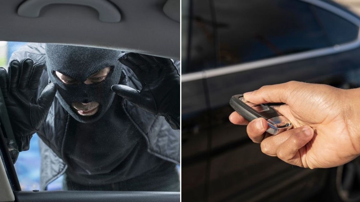 Burglar looking into a car window and a keyless car