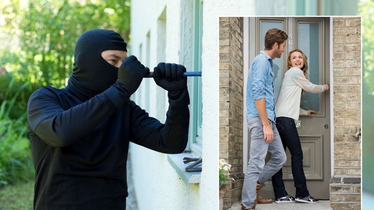 Burglar trying to break into home / Couple outside front door