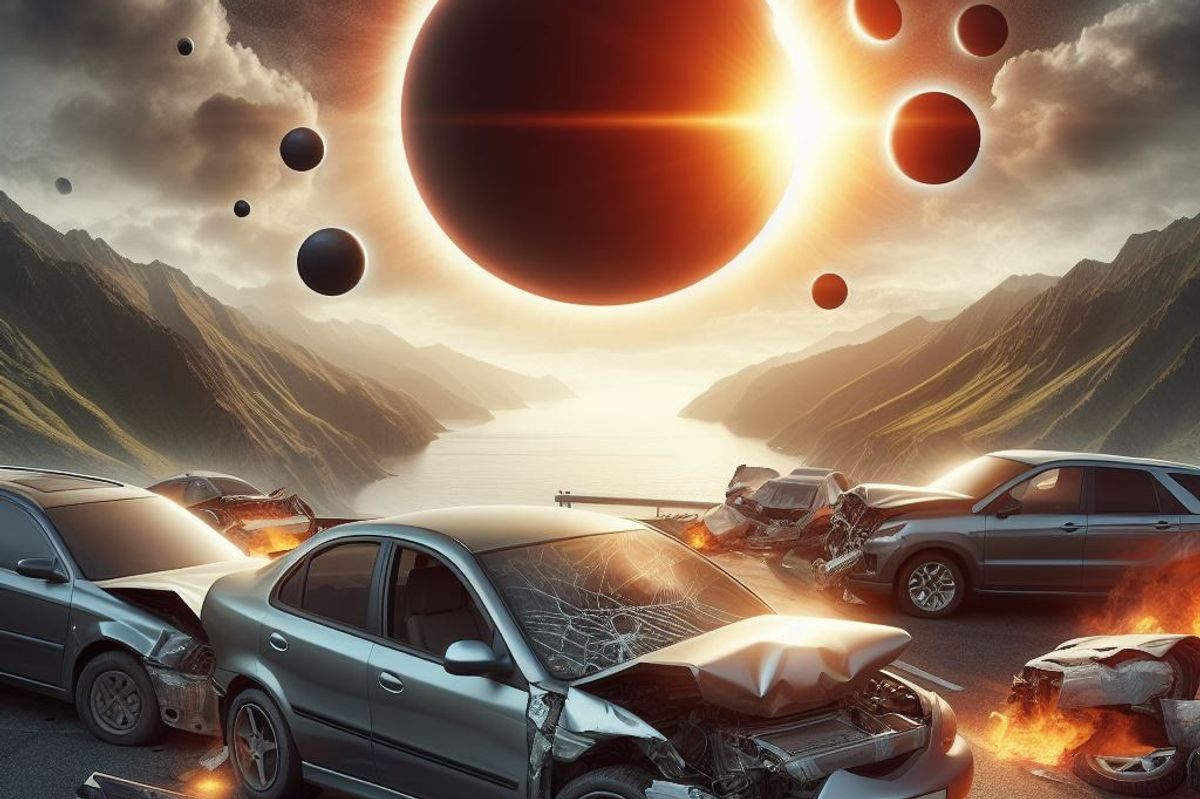 Burning crashed cars underneath a solar eclipse 