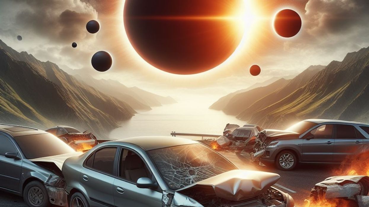 Burning crashed cars underneath a solar eclipse
