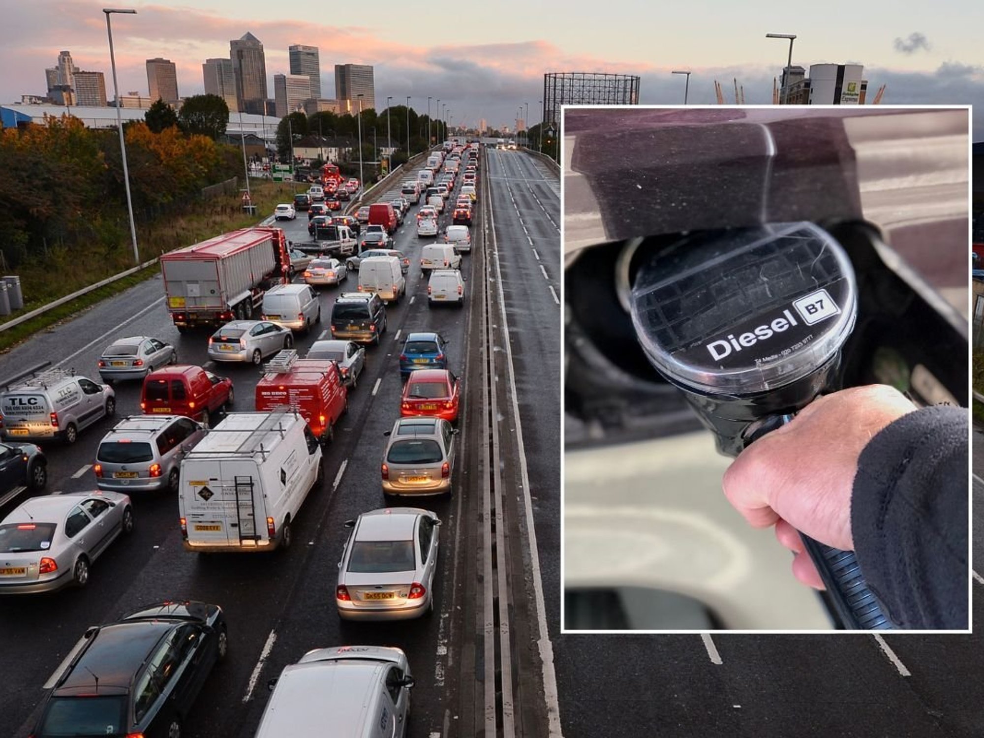 Busy London road and a diesel pump
