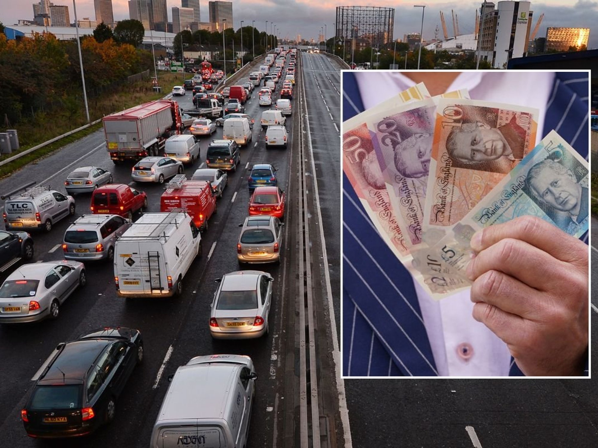 Busy London road and a man holding cash