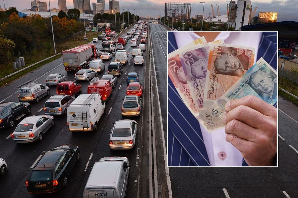 Busy London road and a man holding cash