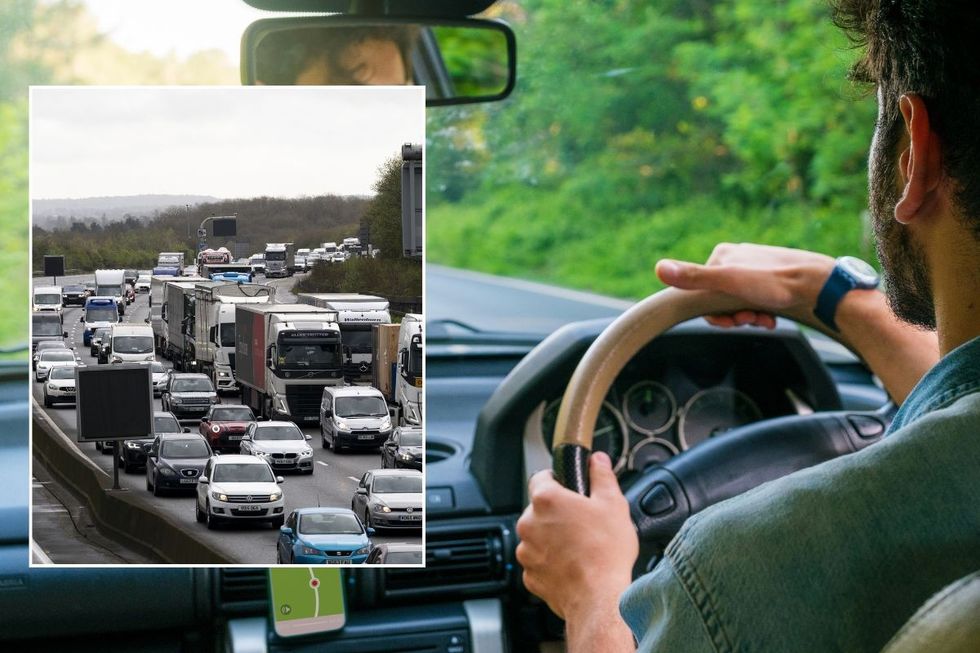 Busy motorway and a man driving a car