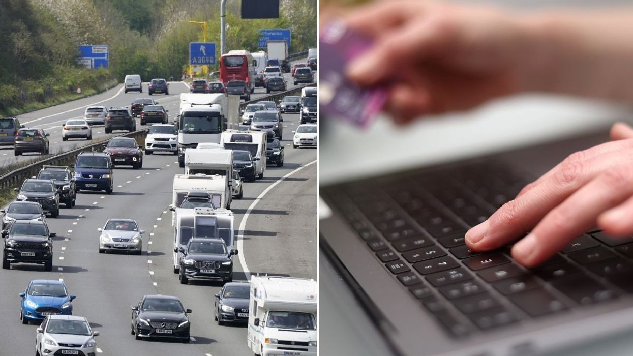 Busy motorway and a person using their bank card to pay on their laptop
