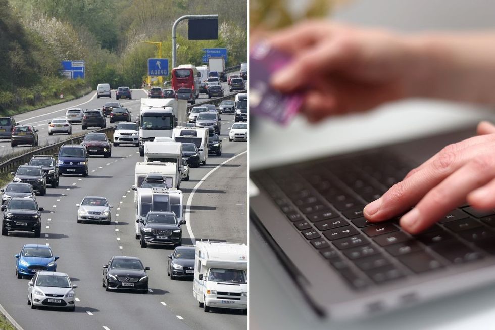 Busy motorway and a person using their bank card to pay on their laptop