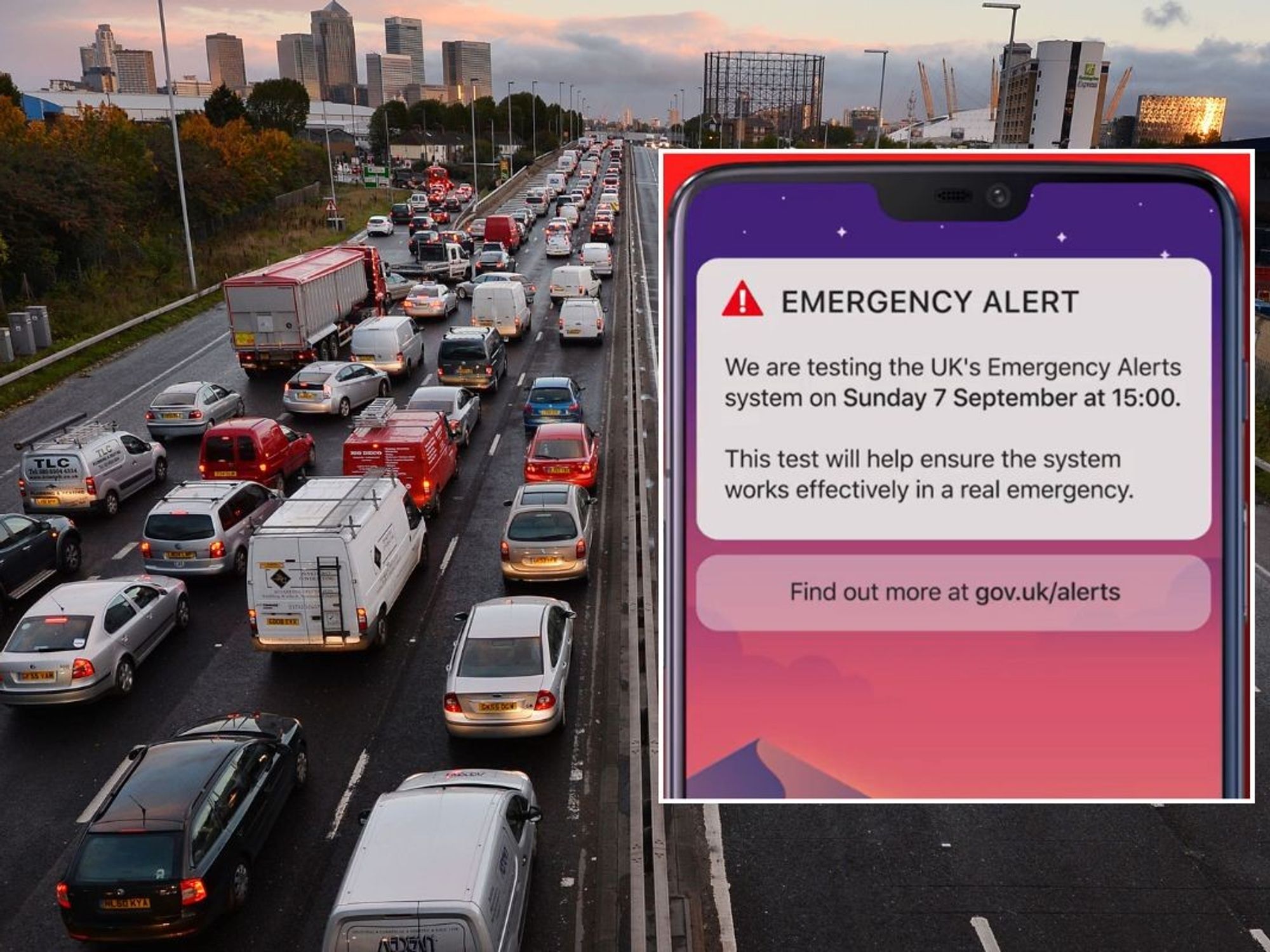 Busy motorway and an Emergency Alert test warning