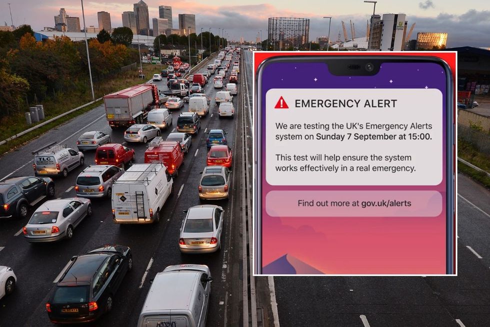 Busy motorway and an Emergency Alert test warning