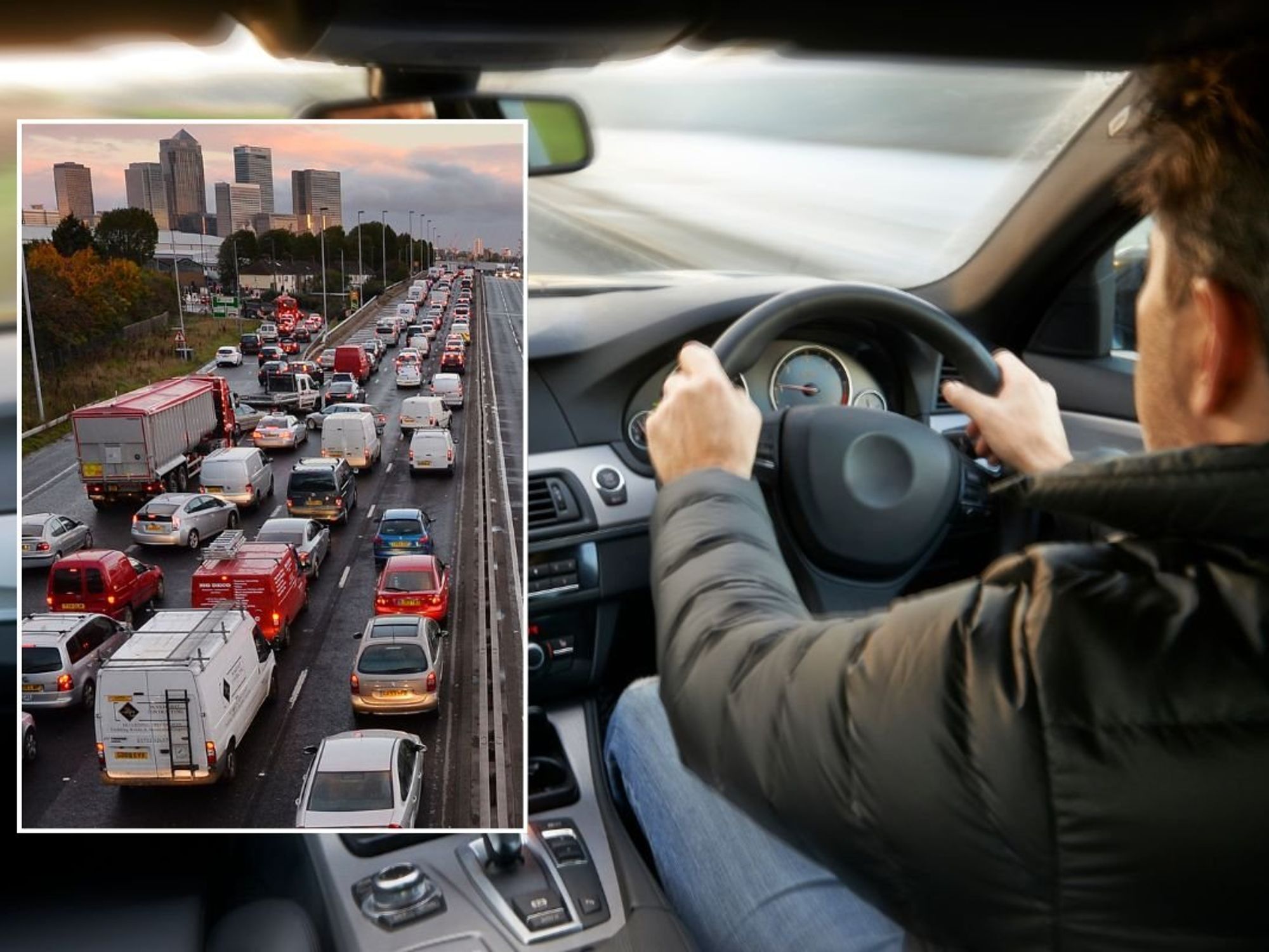 Busy road and a man driving