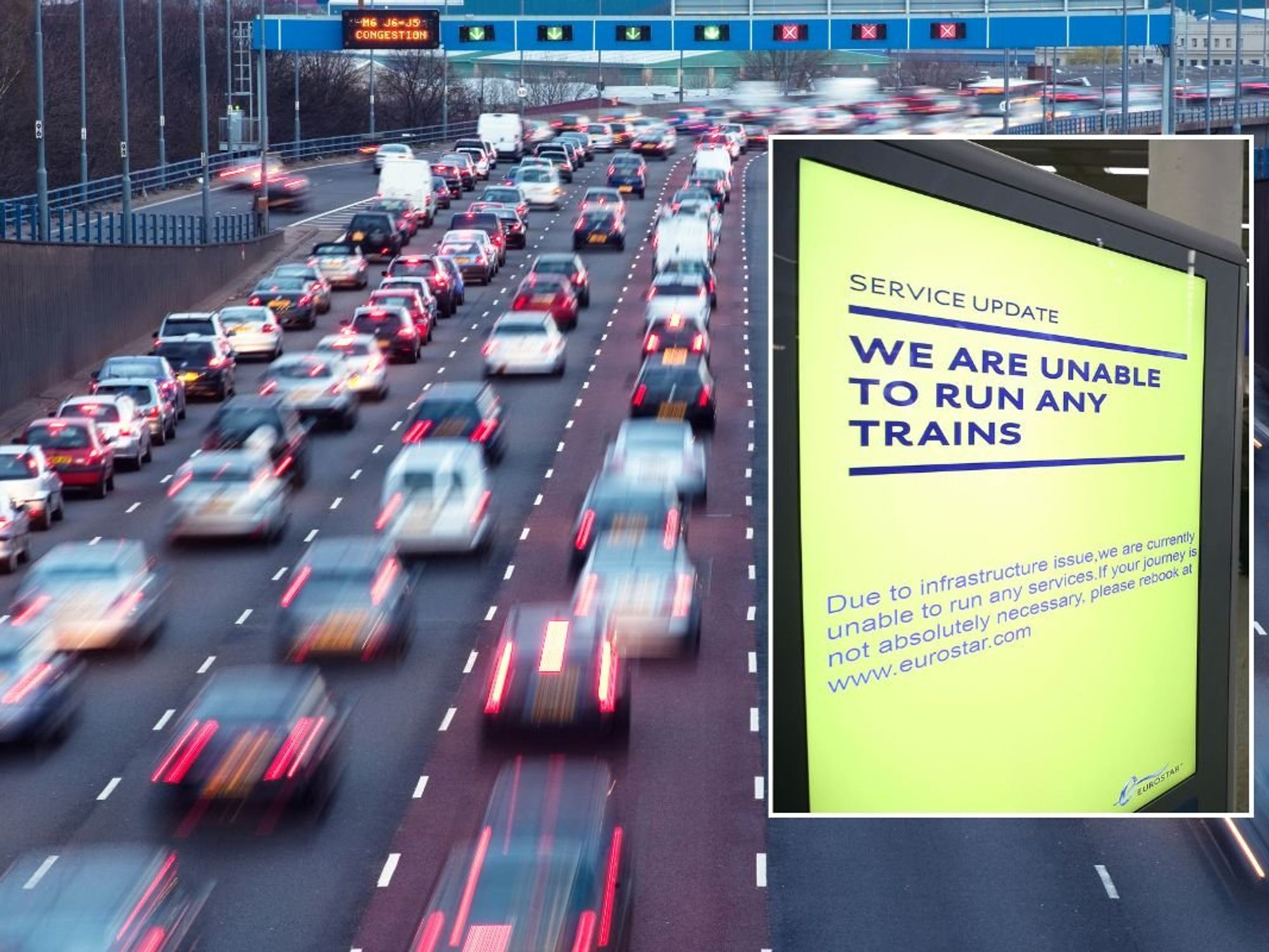 Busy road and a train delayed sign