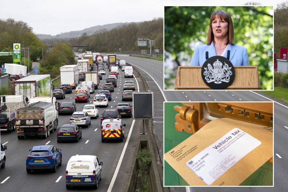Busy road, Chancellor Rachel Reeves and a vehicle tax reminder letter