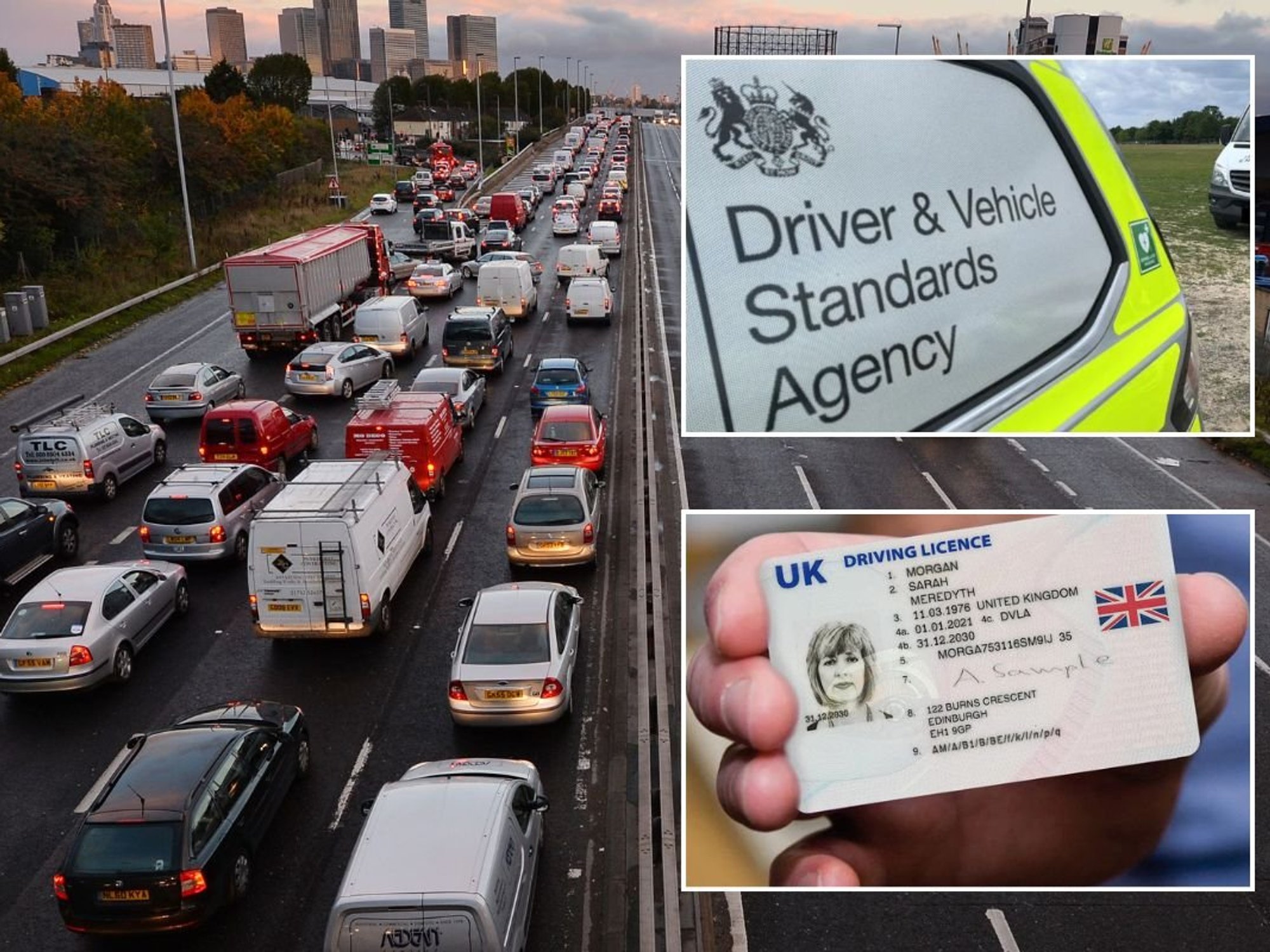 Busy road, DVSA sign and a driving licence