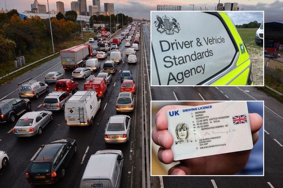 Busy road, DVSA sign and a driving licence