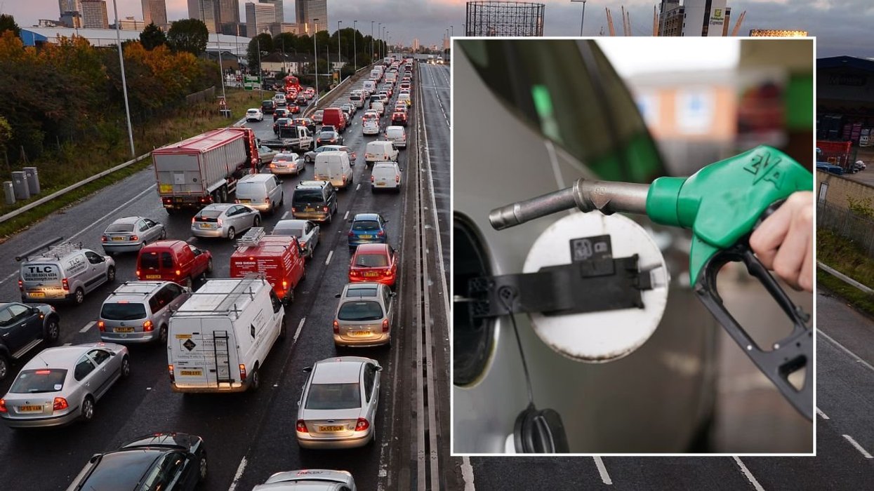 Busy traffic in London and a fuel pump