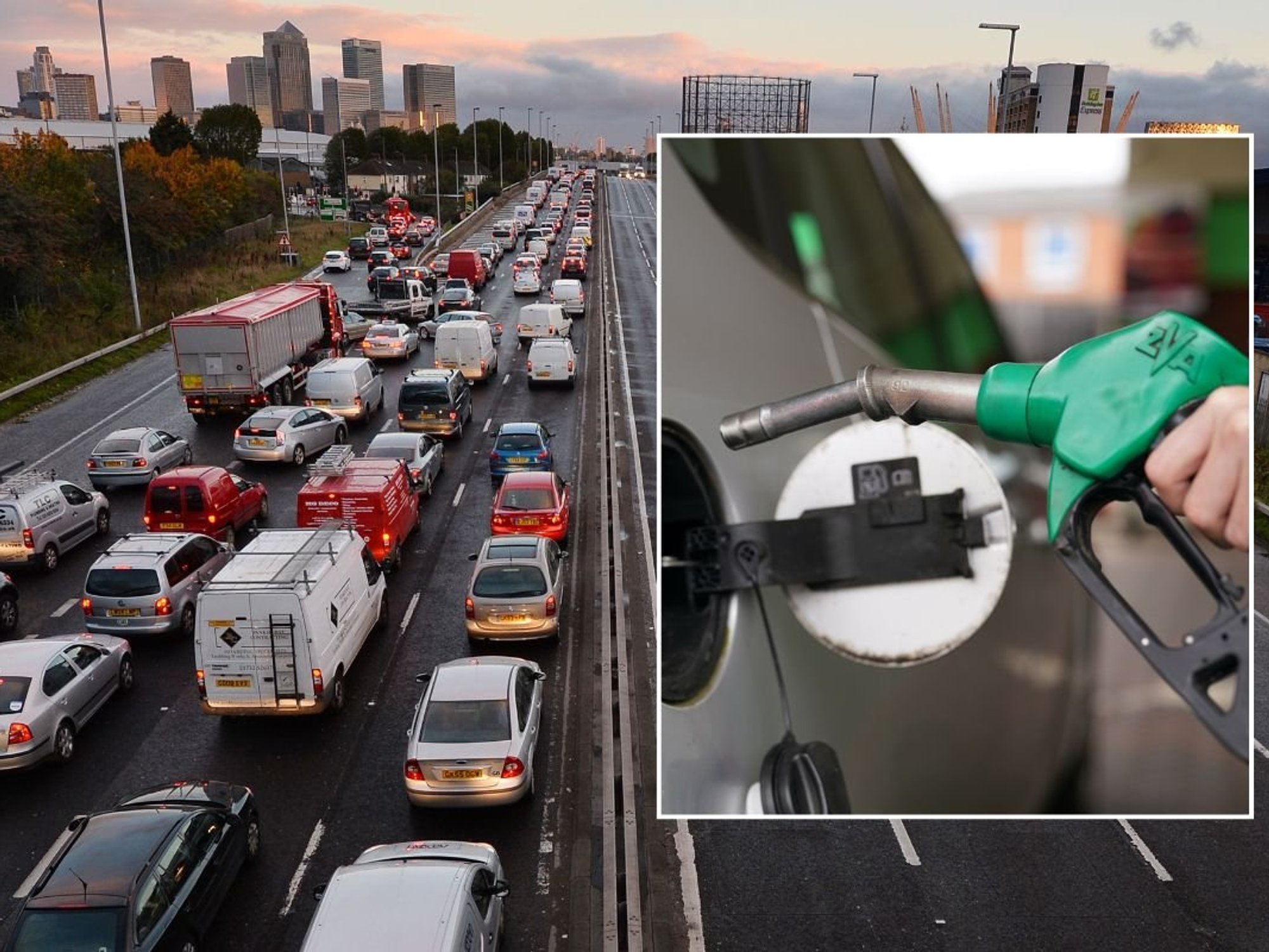 Busy traffic in London and a fuel pump