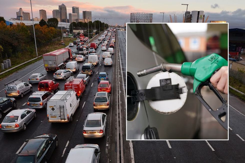 Busy traffic in London and a fuel pump