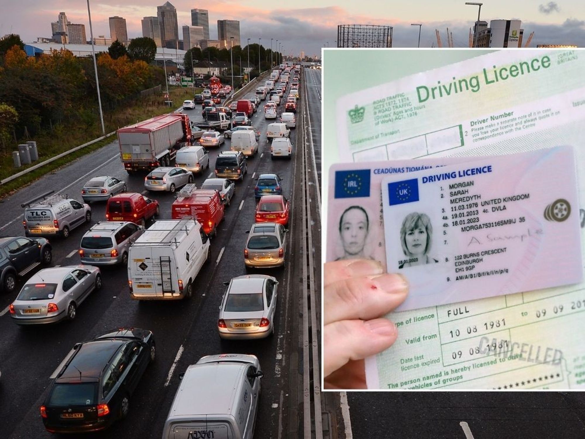 Busy UK road and a driving licence