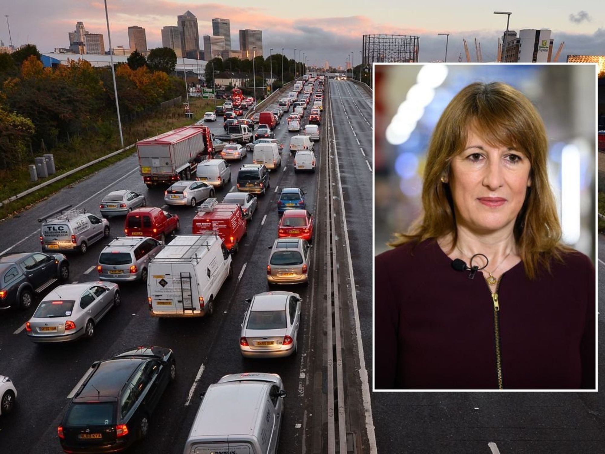 Busy UK road and Chancellor Rachel Reeves