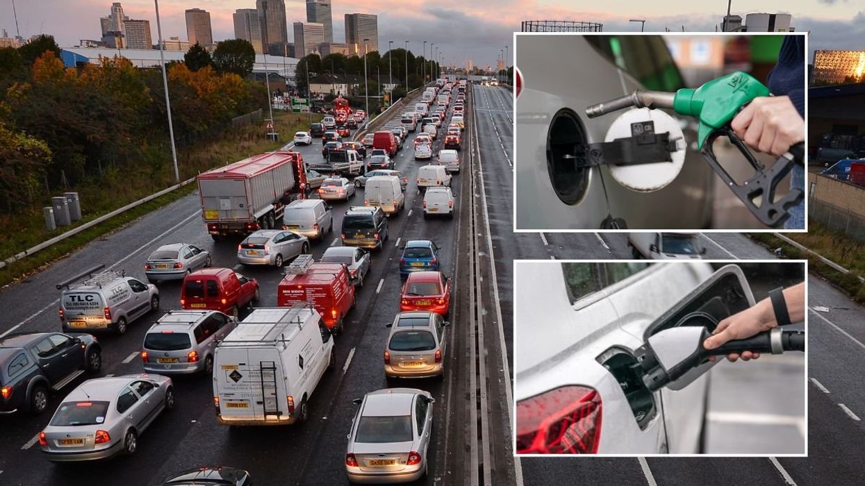 Busy UK road, petrol pump, EV charger
