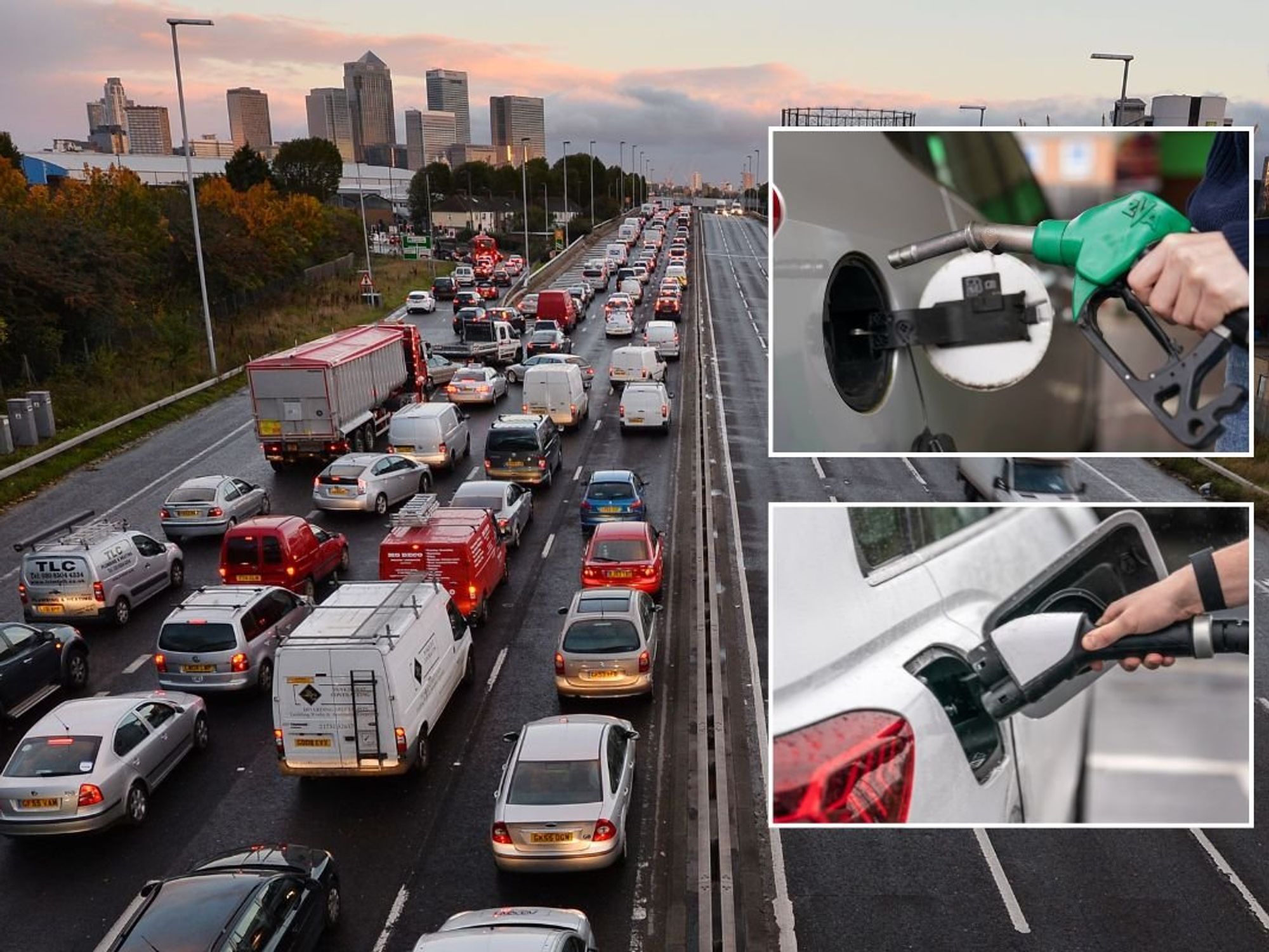 Busy UK road, petrol pump, EV charger