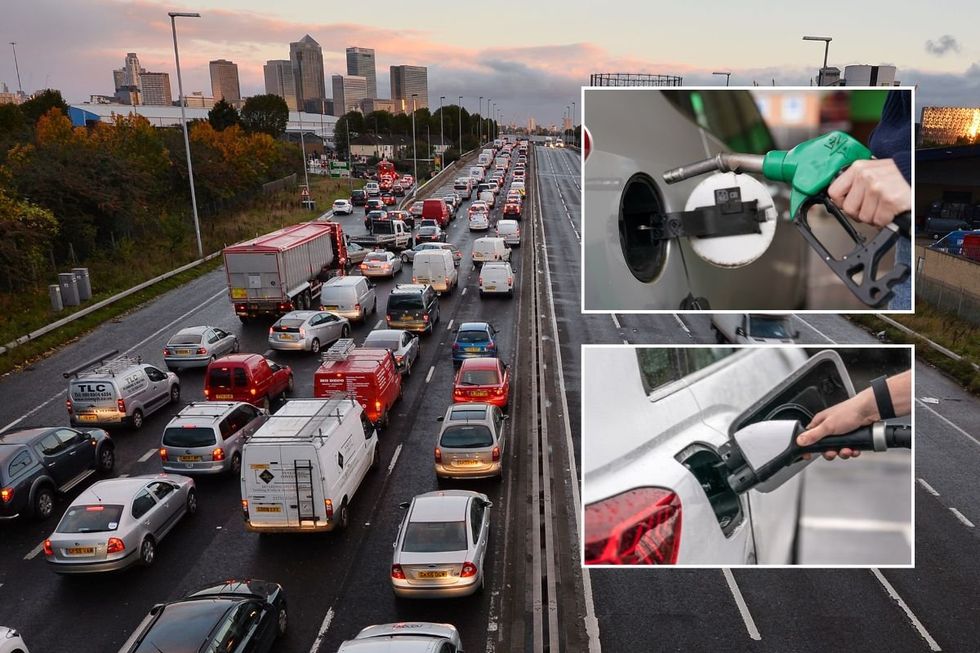 Busy UK road, petrol pump, EV charger