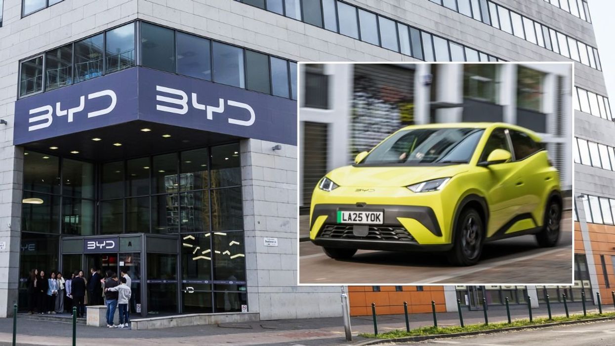 BYD building and a a BYD Dolphin Surf